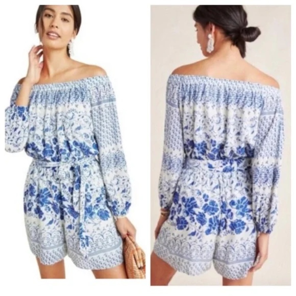 Anthropologie Blue and White Floral Jumpsuit